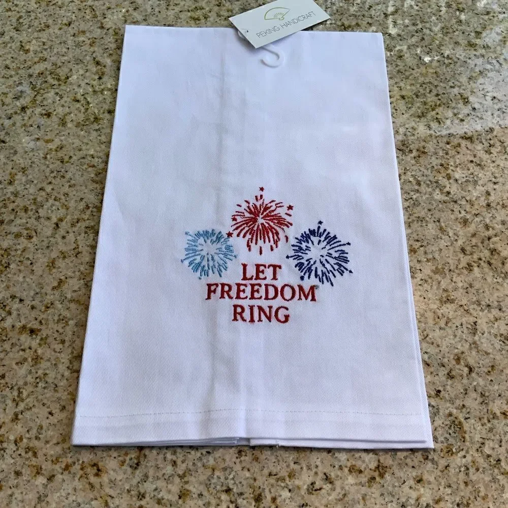 Let Freedom Ring White Cotton Embroidered Towel Red, White & Blue NWT